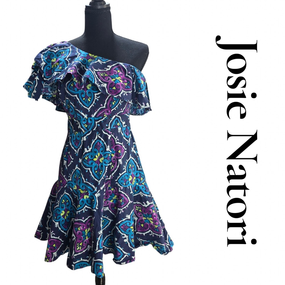 Josie Natori Dress Women 6 Navy Cotton Paisley One Shoulder Ruffle Mini Boho Y2K